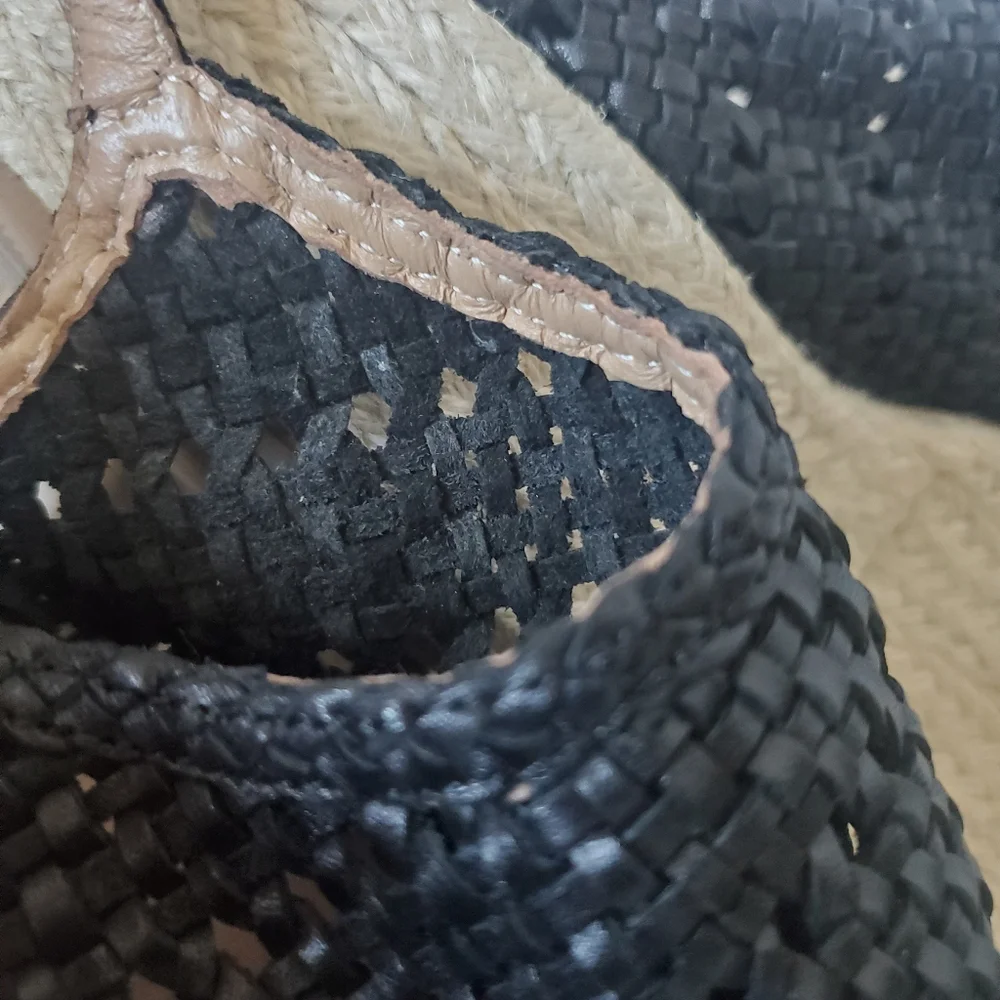 Black Leather Peep Toe Wedge Espadrilles